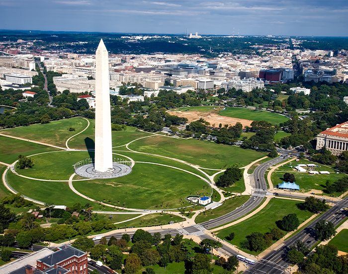 Aerial view above Washington monument in Washington DC